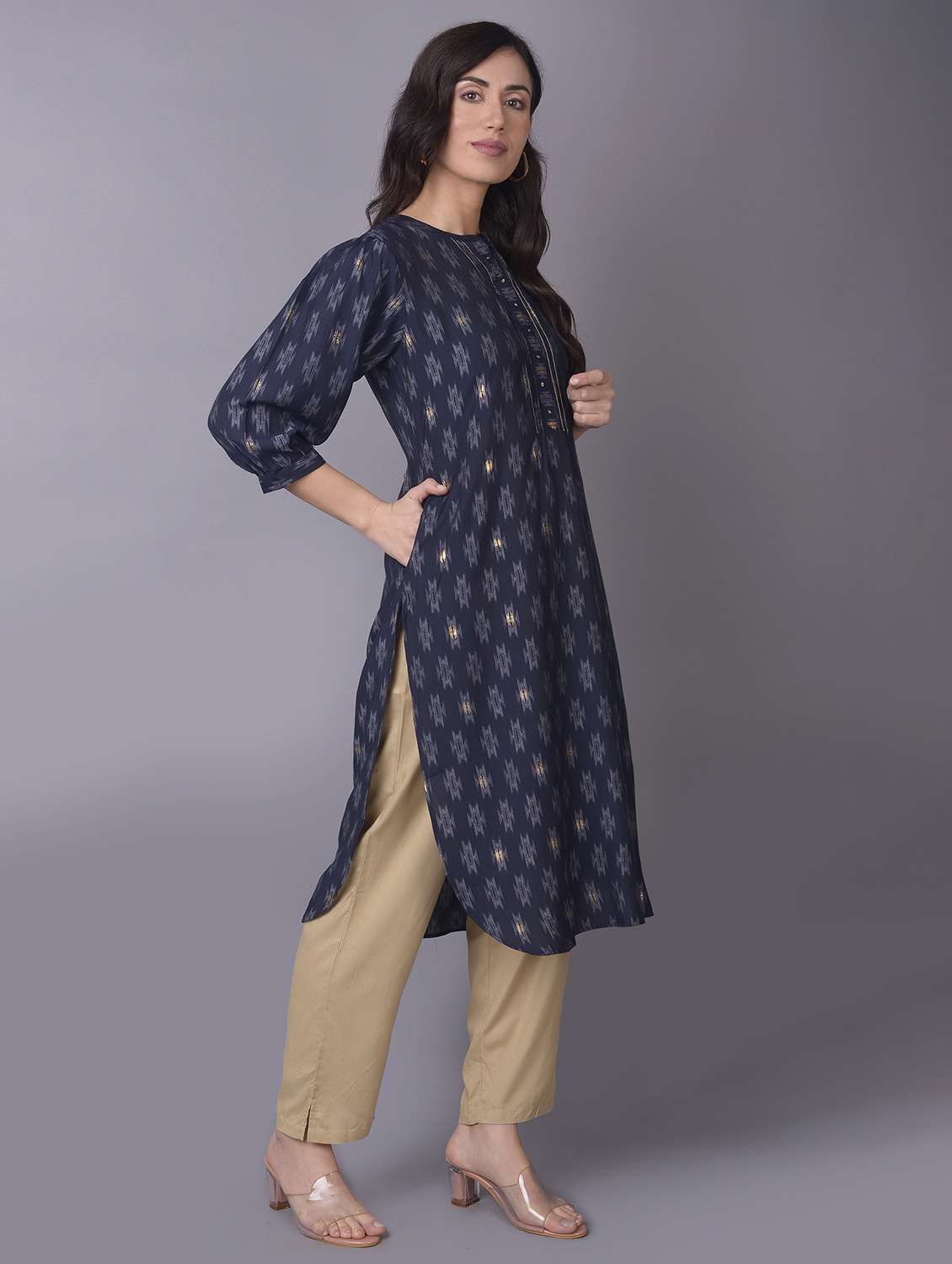 women navy blue bell sleeves flared kurta - 21468073 -  Standard Image - 2