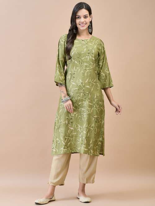 women olive printed straight kurta - 21468139 -  Standard Image - 0