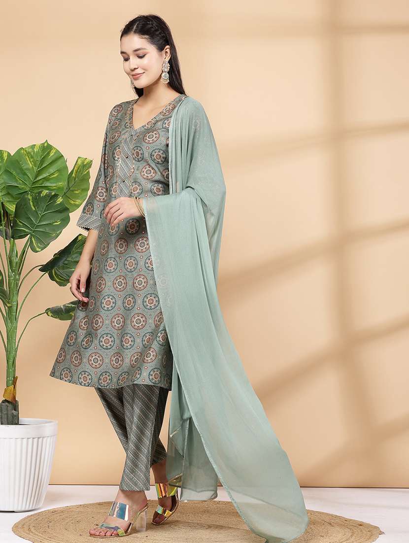 women grey printed kurta pant set with dupatta - 21468590 -  Standard Image - 2