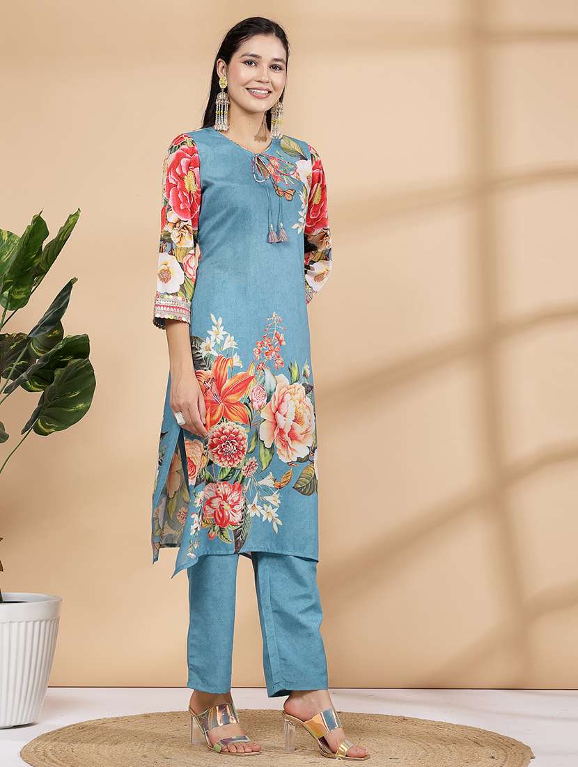 women light blue floral printed kurta pant set  - 21468592 -  Standard Image - 2