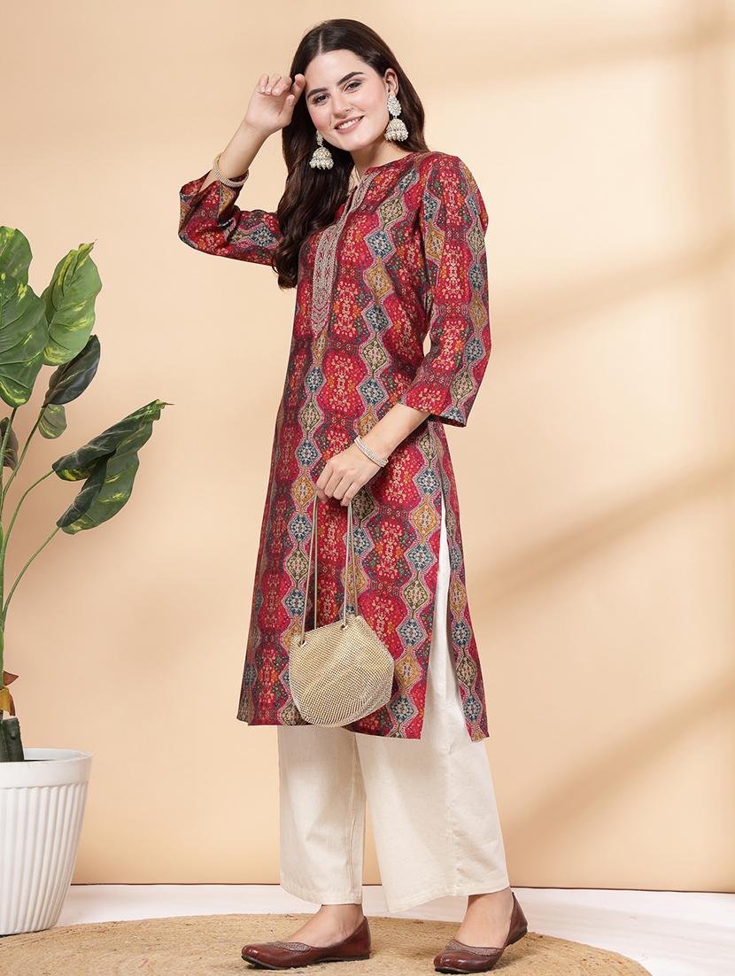 women maroon printed kurta palazzo set - 21468621 - Standard Image - 2