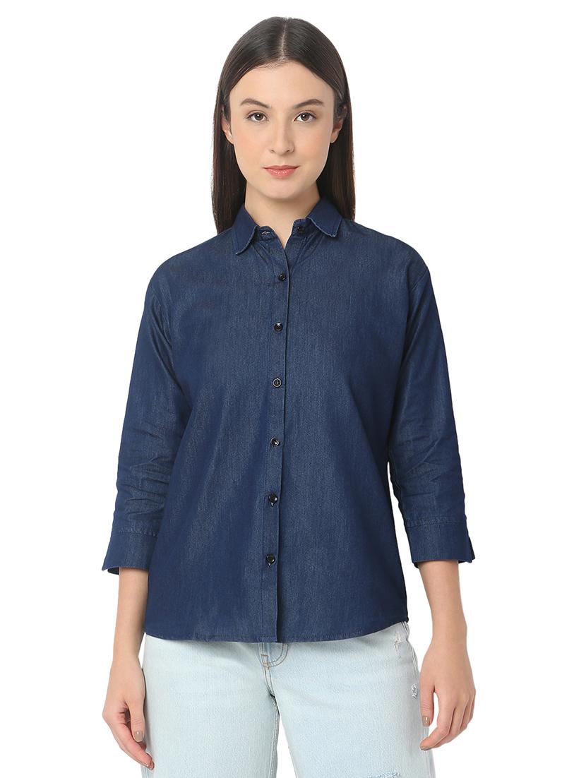 women solid denim shirt
