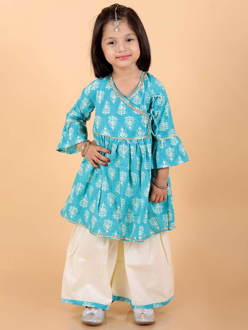 girls light blue cotton kurta sharara set 