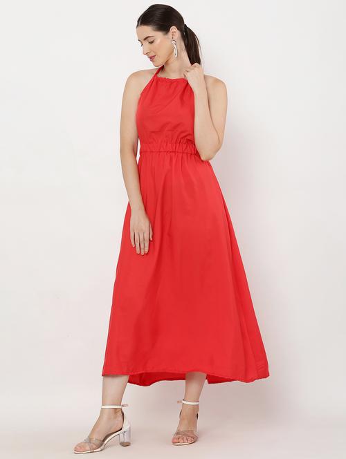 women solid halter neck backless fit & flare dress - 21469252 - Standard Image - 0