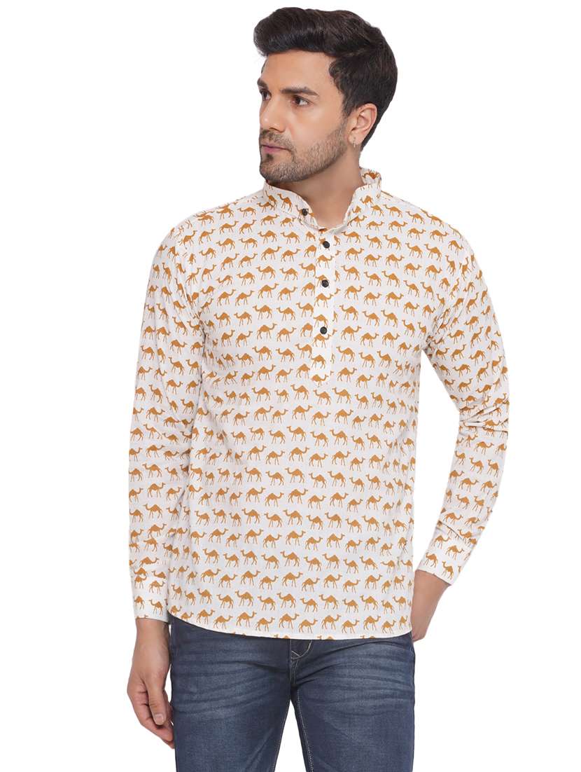 men printed long sleeve short kurta