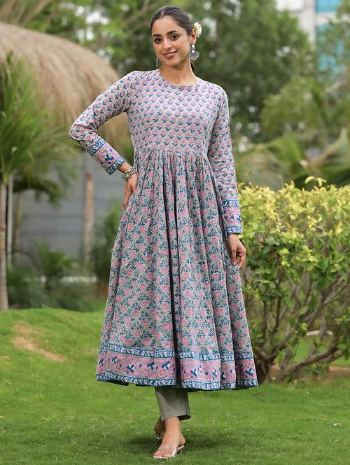 women grey long sleeve anarkkali kurta pant with dupatta set - 21471274 - Standard Image - 0