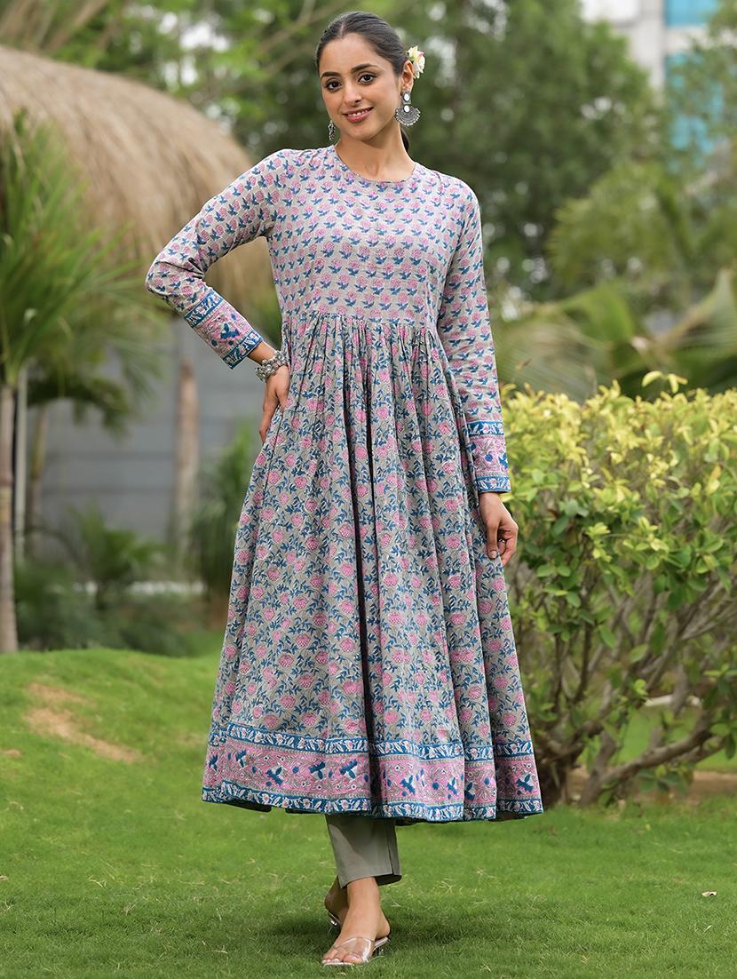 women grey long sleeve anarkkali kurta pant with dupatta set - 21471274 - Zoom Image - 0