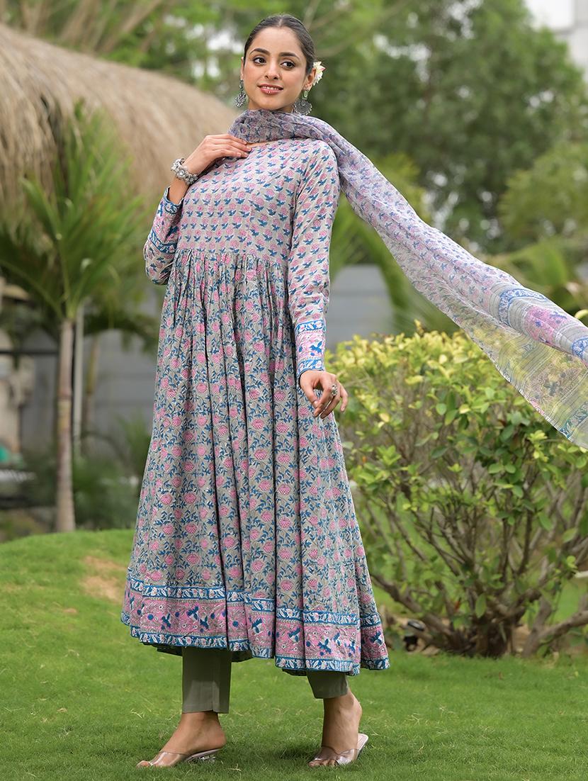 women grey long sleeve anarkkali kurta pant with dupatta set - 21471274 - Standard Image - 2