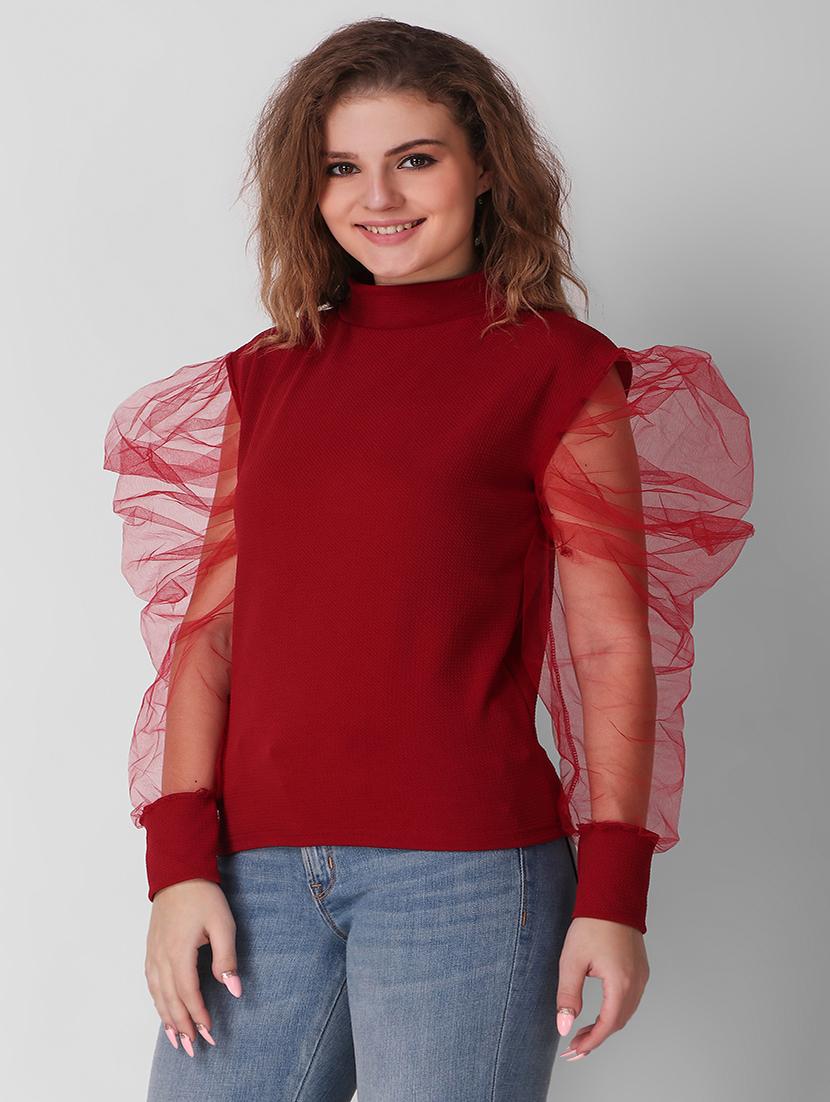 women red solids puff sleeves top - 21472424 - Standard Image - 2