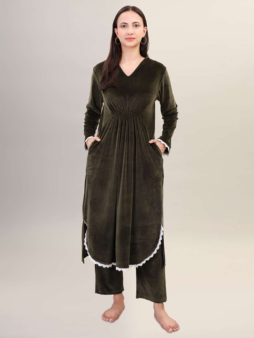 olive lace work velvet kurta palazzo set