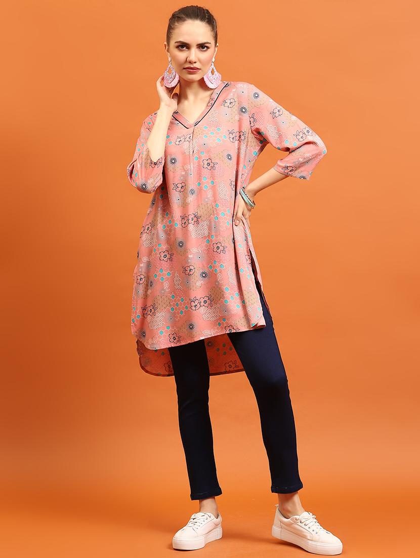 women pink rayon high low kurta - 21473595 - Zoom Image - 0