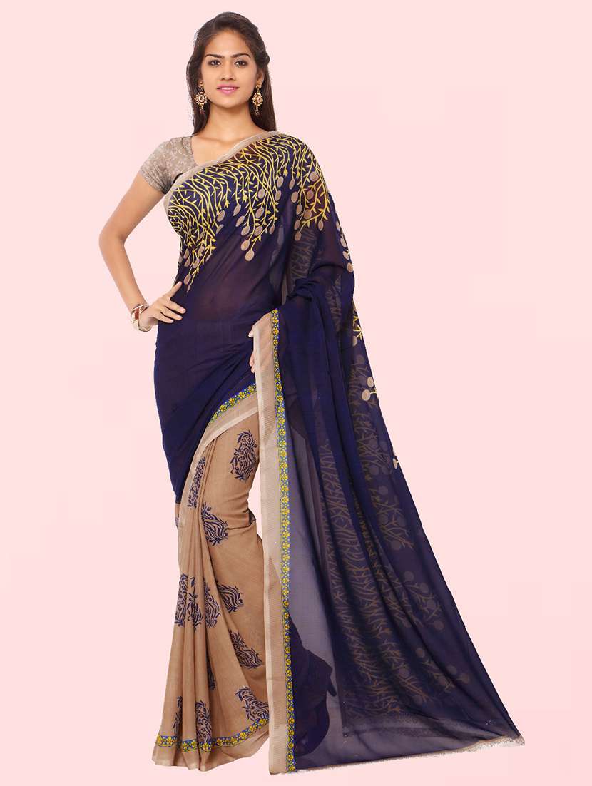 women beige printed saree with blouse