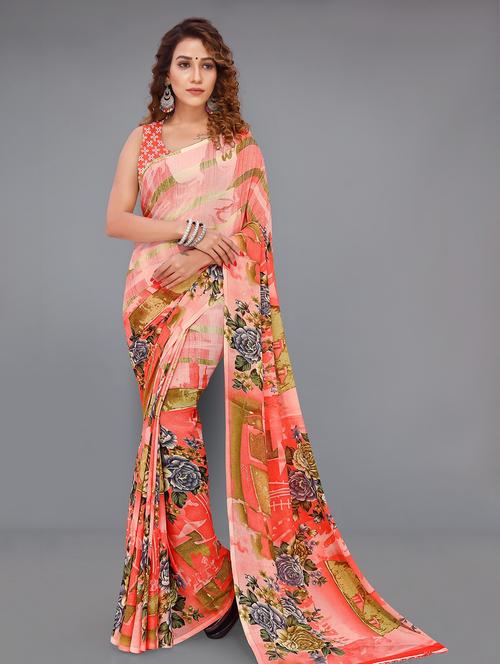 women orange printed saree with blouse - 21480898 -  Standard Image - 0