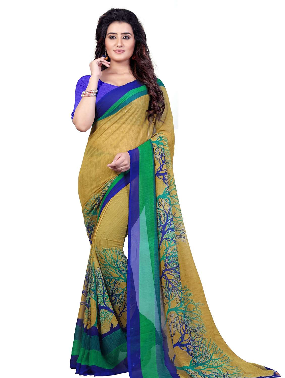 women beige printed saree with blouse