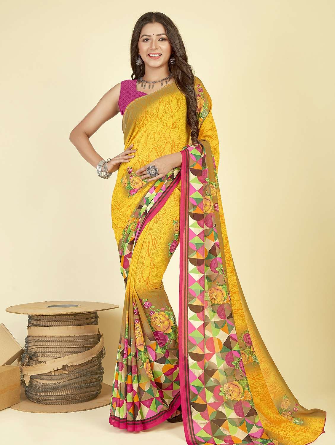 women yellow printed saree with blouse