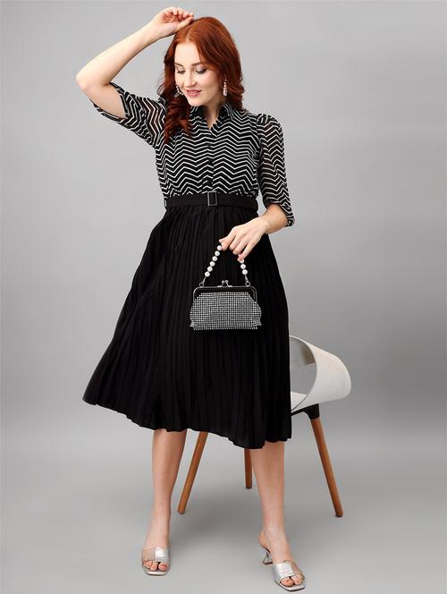 women balck chevron printed puff sleeves belted dress - 21481361 - Standard Image - 0