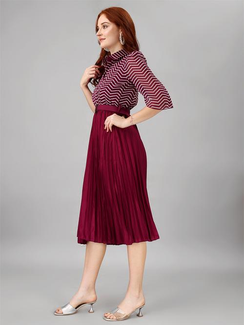 women chevron puff sleeves belted dress - 21481367 -  Standard Image - 0