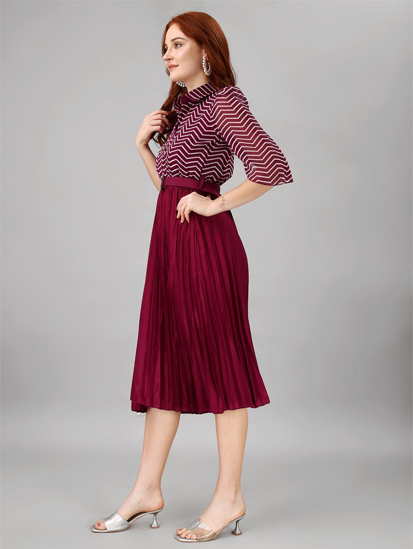 women chevron puff sleeves belted dress - 21481367 -  Zoom Image - 0