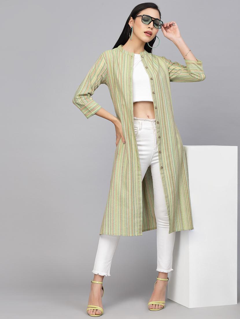 women striped three quarter sleeve long shrug - 21481453 - Zoom Image - 0