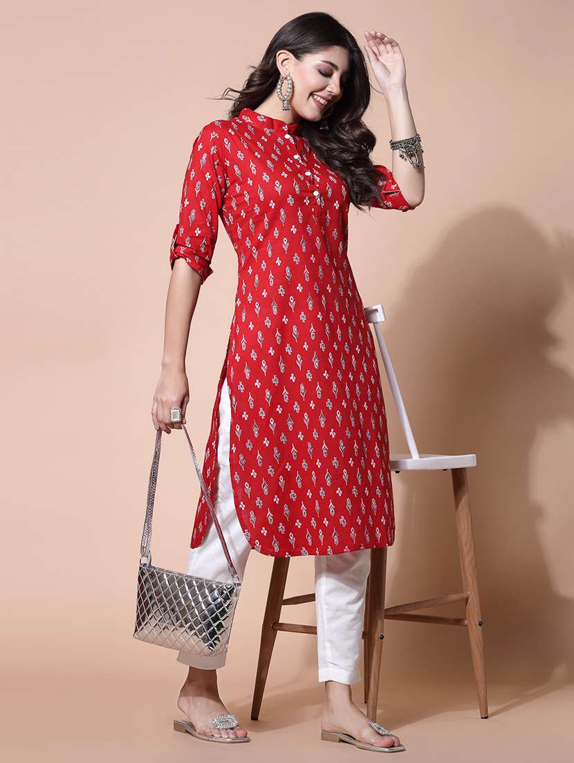 women printed mandarin collar straight kurta