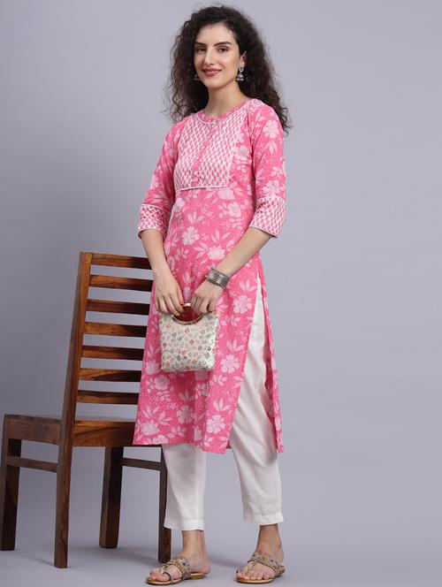 women pink cotton straight kurta - 21481485 -  Standard Image - 0