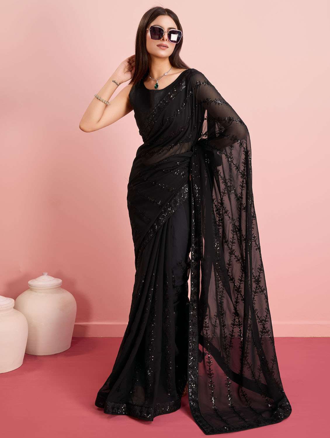 women sequined embellished saree with blouse