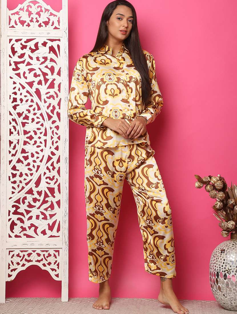 women yellow satin printed nightwear set - 21481969 -  Standard Image - 2