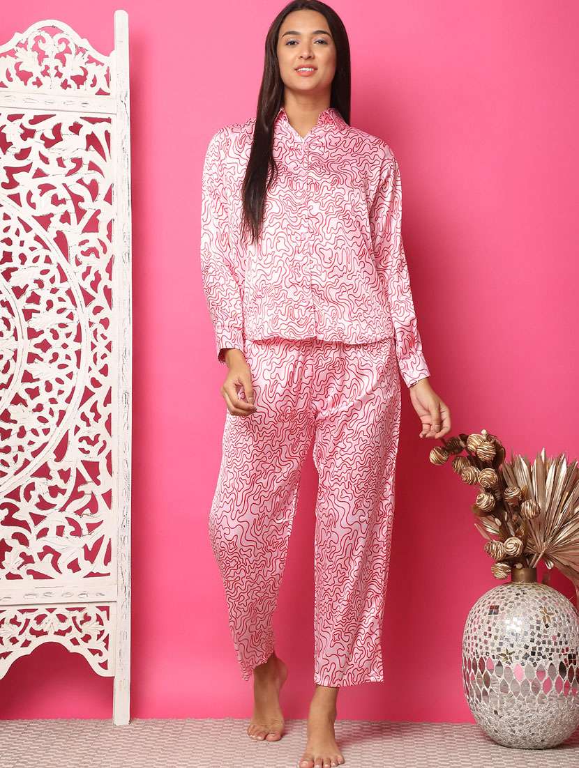 women pink satin printed nightwear set