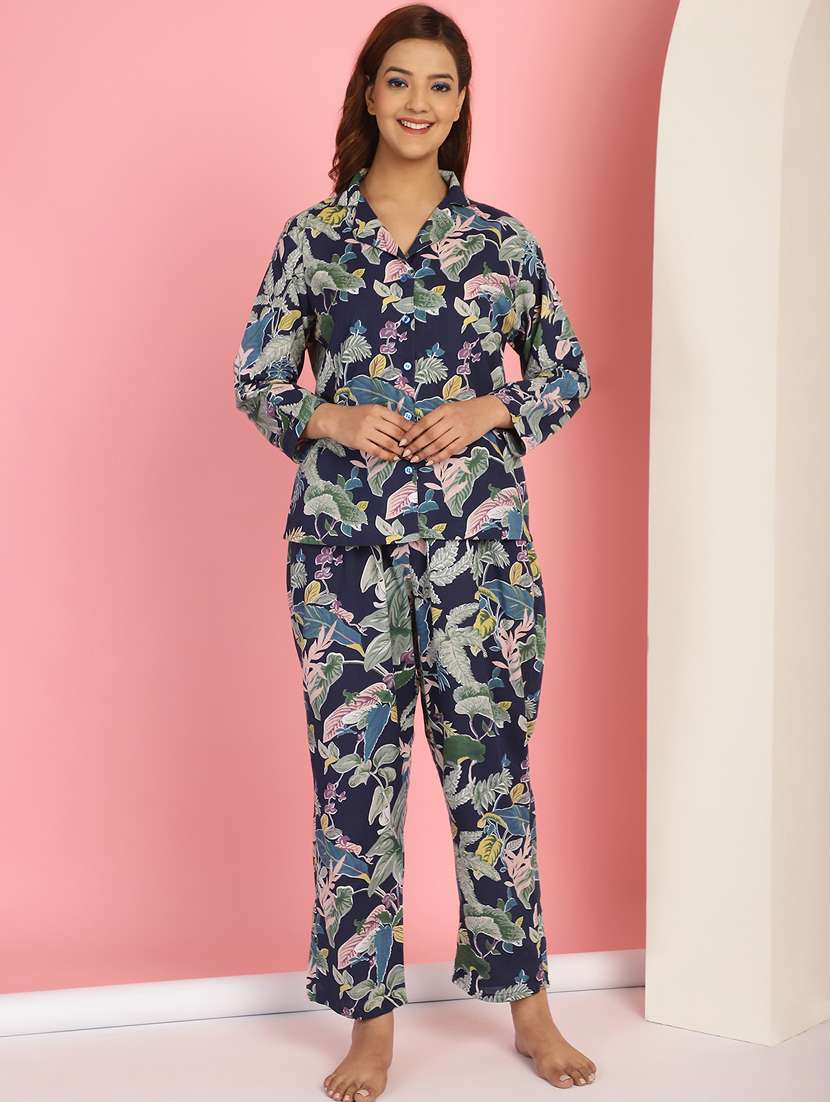 women navy blue cotton printed nightwear set