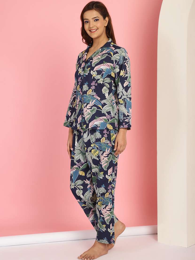 women navy blue cotton printed nightwear set - 21481974 -  Standard Image - 2