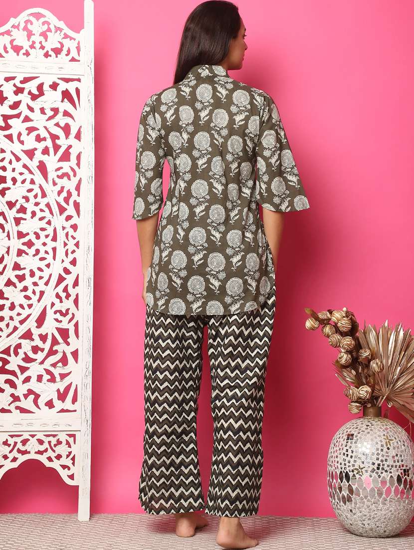 women olive cotton printed nightwear set - 21481976 -  Standard Image - 2