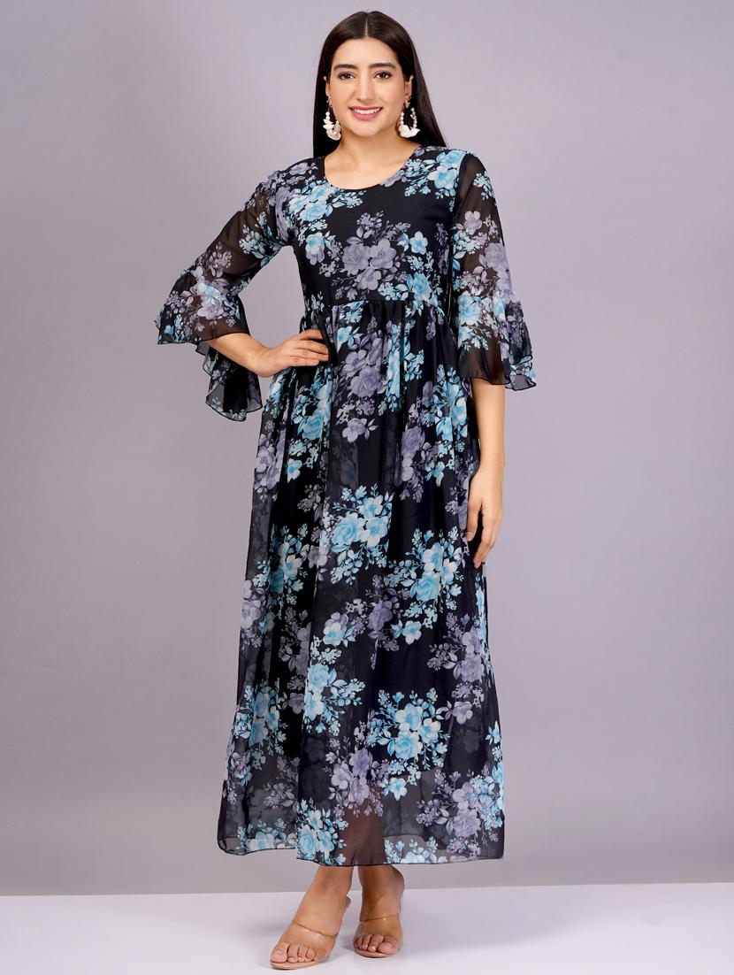 women v neck floral printed gown dress - 21482462 -  Zoom Image - 0