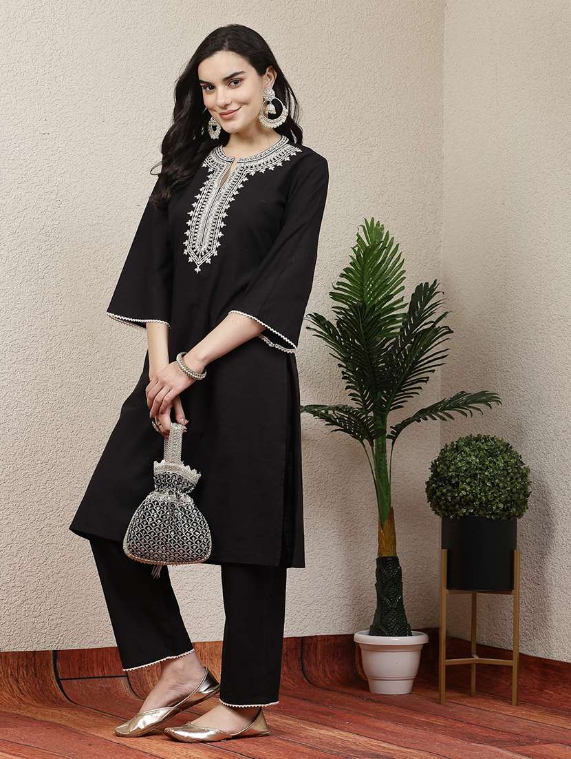 women black cotton blend kurta pant set - 21482534 -  Standard Image - 2