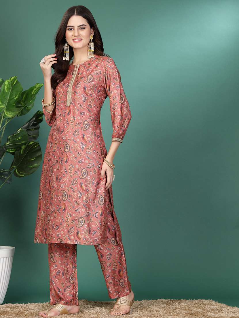 women peach cotton blend kurta pant set - 21482536 -  Standard Image - 2