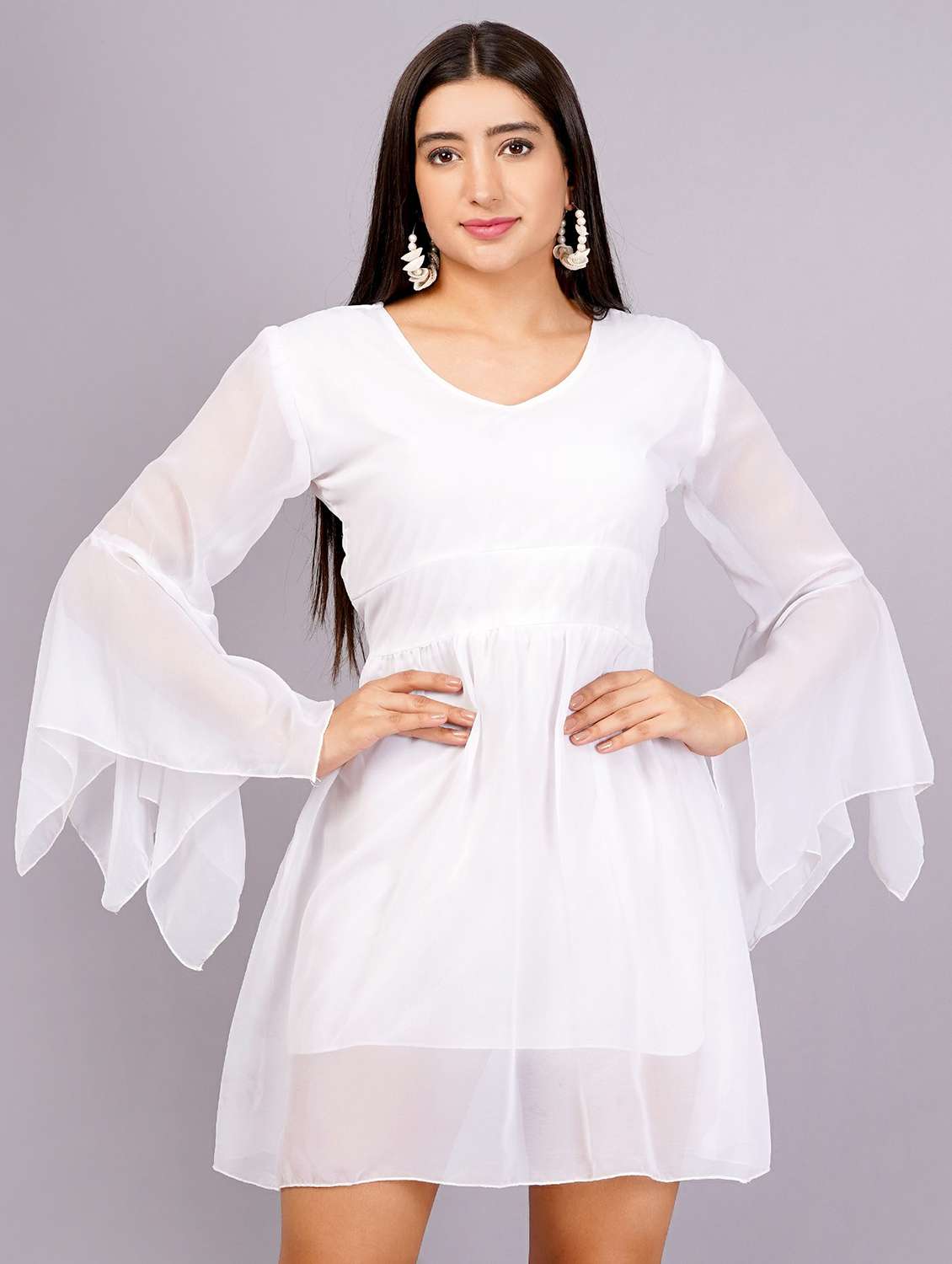 women solid bell sleeves a-line dress - 21482640 -  Zoom Image - 0