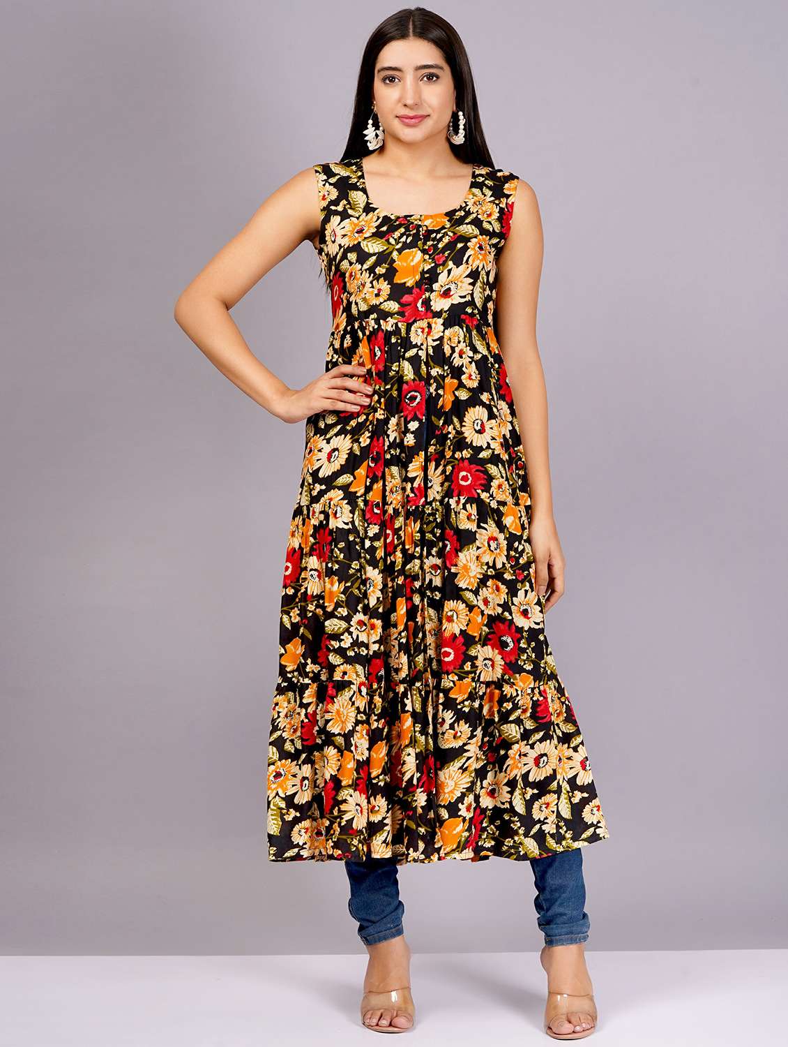 women floral printed sleeveless flared tunic