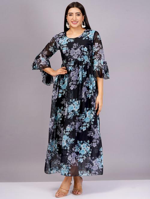 women black florals round neck fit & flare dress - 21482661 -  Standard Image - 0