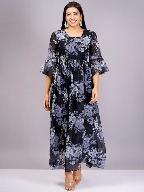 women floral printed round neck fit & flare dress - 21482662 - Standard Image - 0