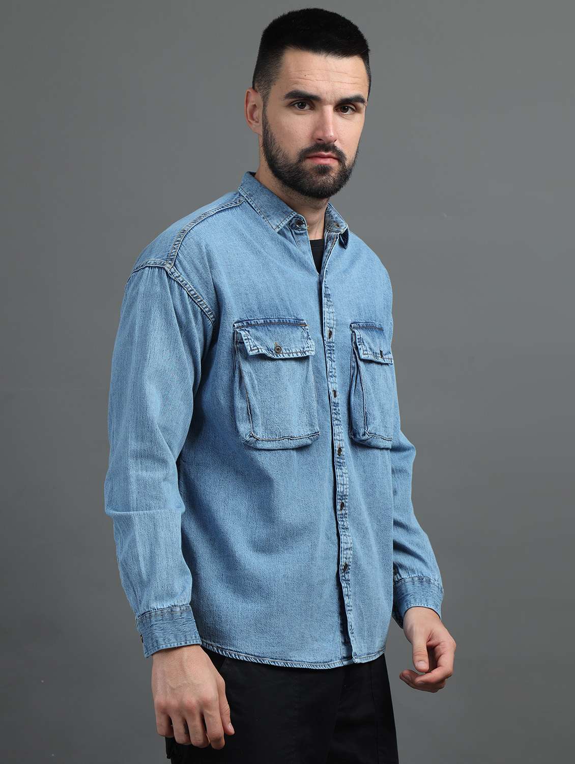 men light blue loose fit plain ddnim casual shirt with double pockets - 21482941 -  Standard Image - 2