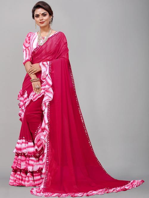 women tie & dye sequin work ruffle saree with blouse - 21483182 - Standard Image - 0