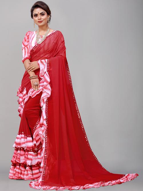 women tie & dye sequin work ruffle saree with blouse - 21483184 - Standard Image - 0