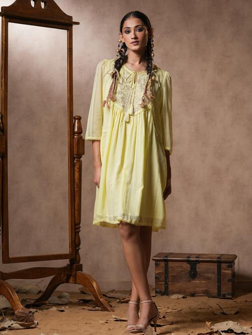 women yellow embroidered a-line dress - 21483201 - Standard Image - 0