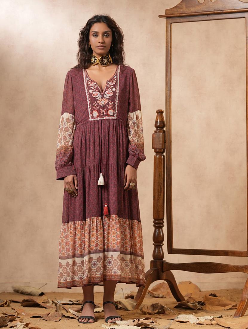 brown embroidered tiered dress - 21483204 - Zoom Image - 0