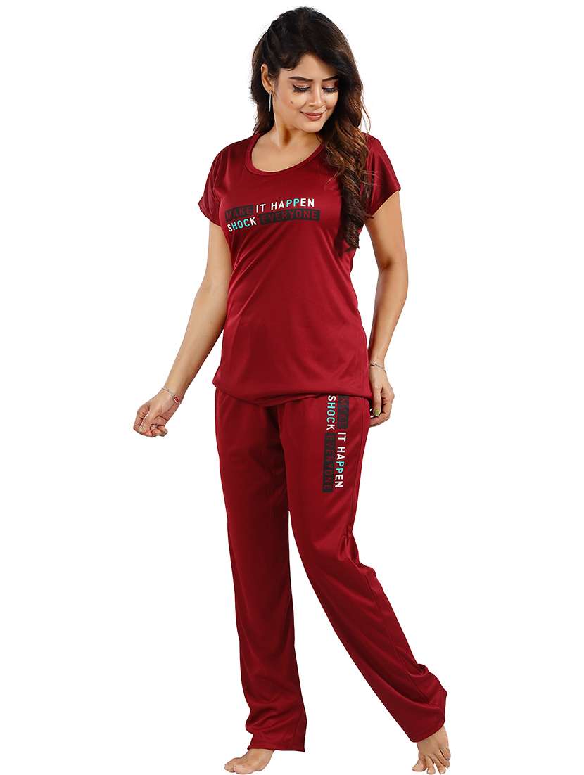 women maroon viscose pyjama nightwear set - 21483386 - Standard Image - 2