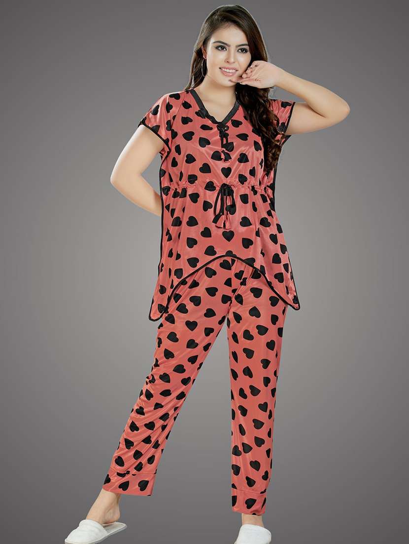 women peach satin pyjama nightwear set - 21483388 - Standard Image - 2