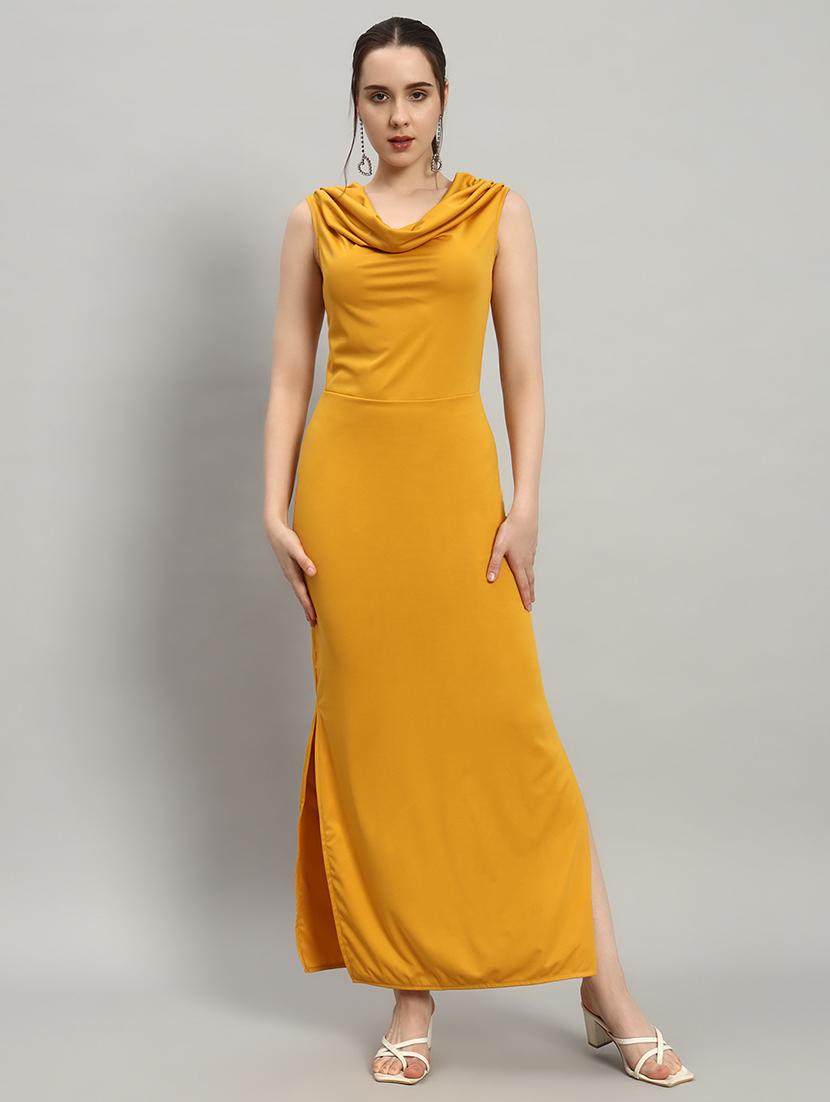 women solid cowl neck bodycon dress