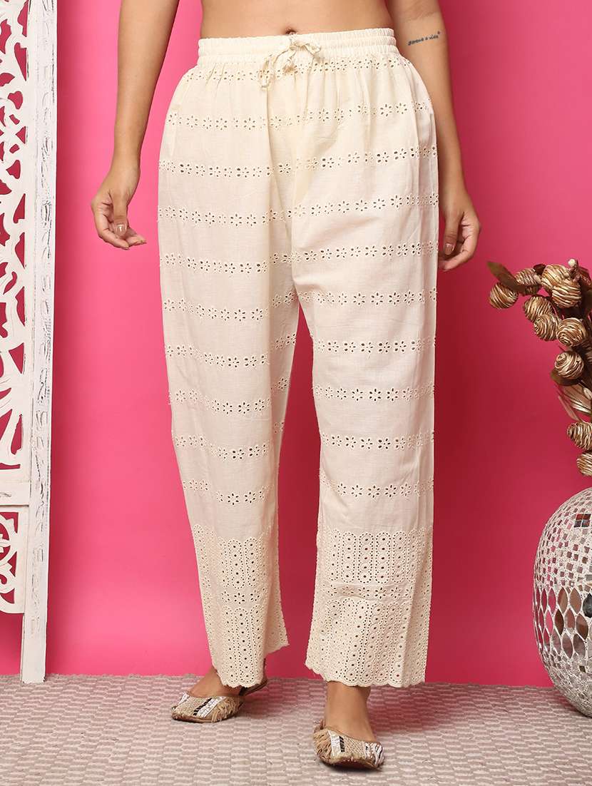 women solid lace detailed straight palazzo