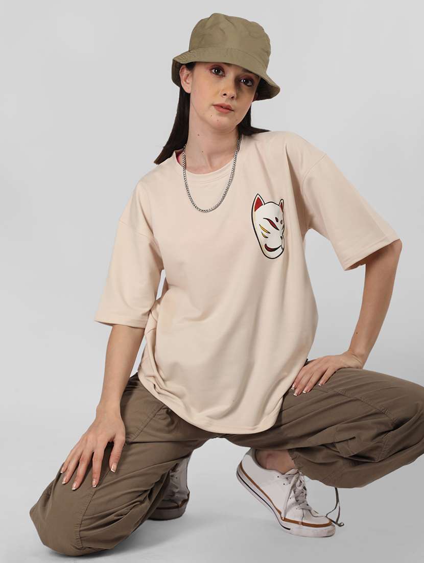 women beige poly blend oversized t-shirt