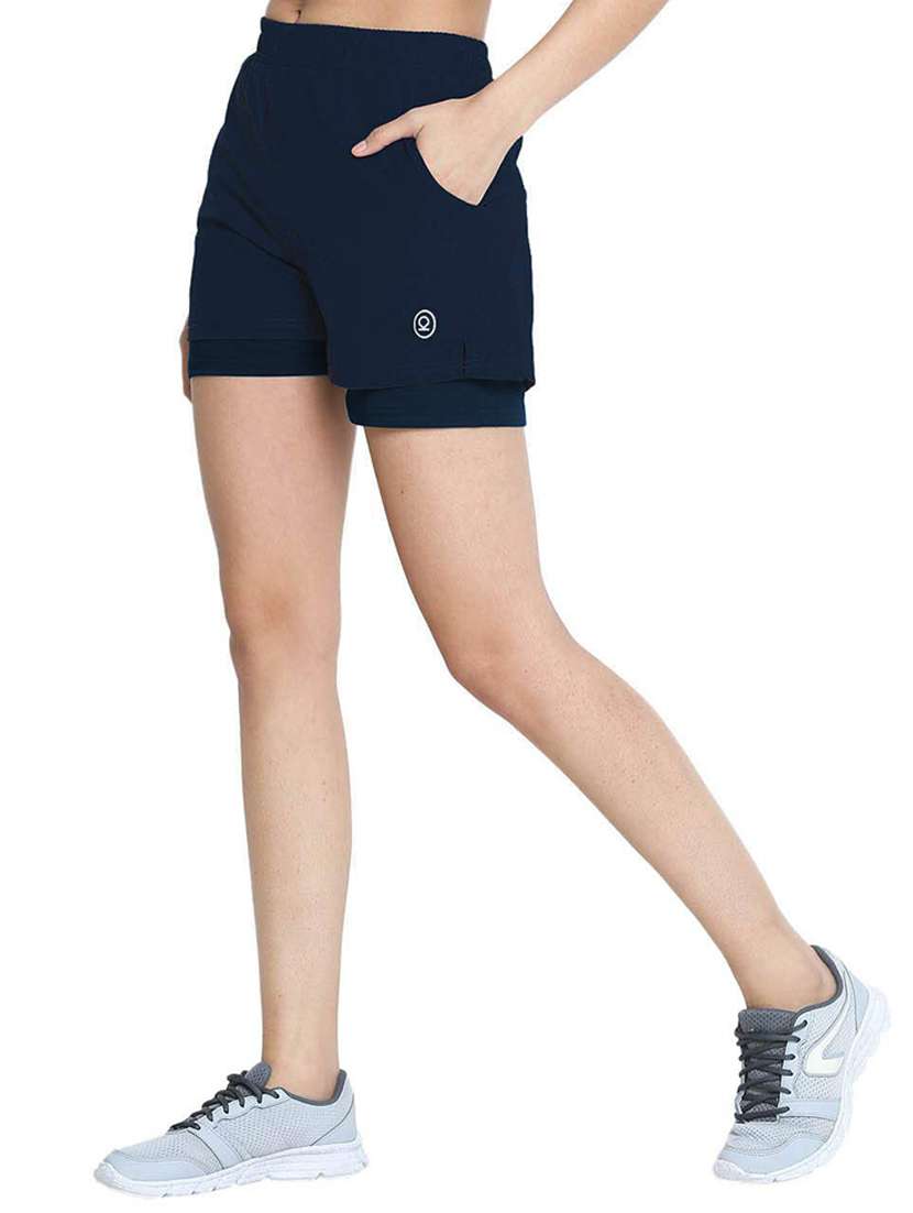 women navy blue polyester sports shorts