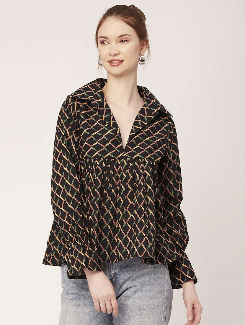 women printed collared flared top - 21484393 - Zoom Image - 0